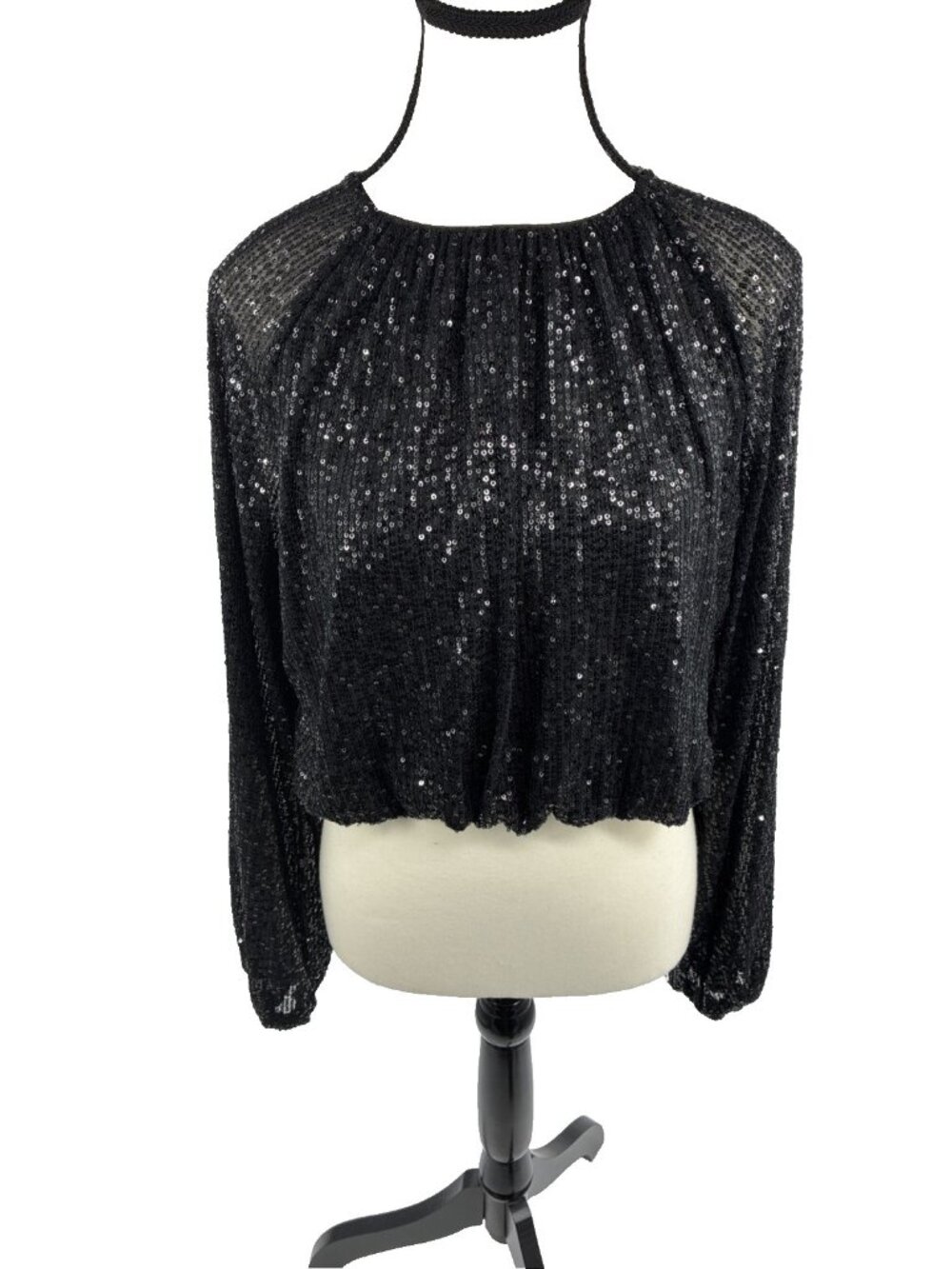 Sincerely Jules Womens Black Sequin Crop Top Long Sleeve Party Size L